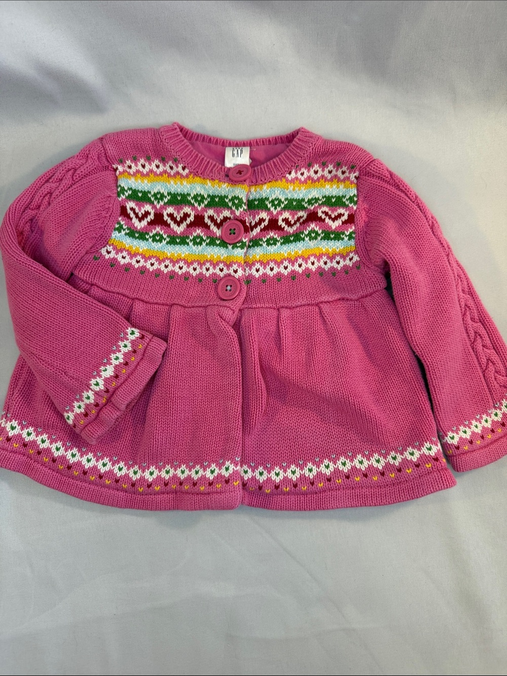 GAP Pink Knit Cardigan with Multicolor Heart Yoke